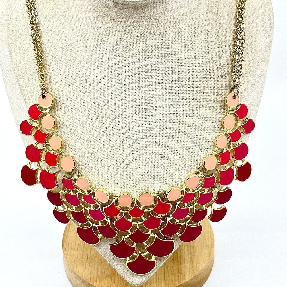 VTG Amrita Singh Red Ombre Scallop Enamel Bib Necklace Gold Tone Boho Statement